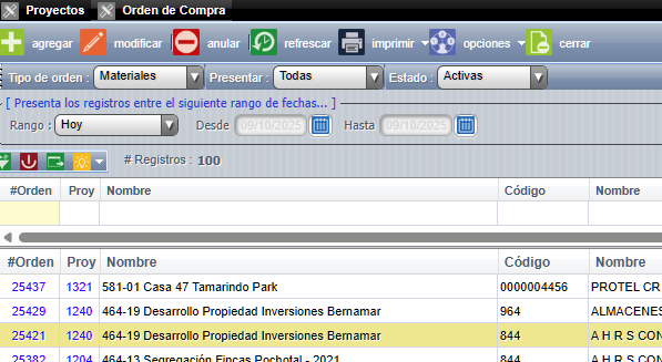 Órdenes de compra por proyecto